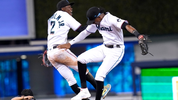 Miami Marlins' Jazz Chisholm Jr. and Lewis Brinson