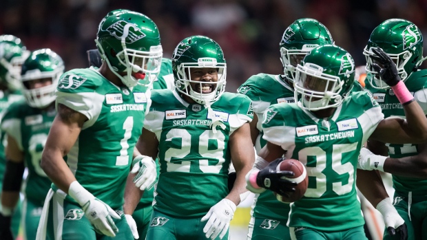 Saskatchewan Roughriders celebrate, The Canadian Press Saskatchewan Roughriders celebrate
