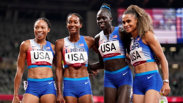 Allyson Felix, Dalilah Muhammad, Athing Mu, and Sydney Mclaughlin