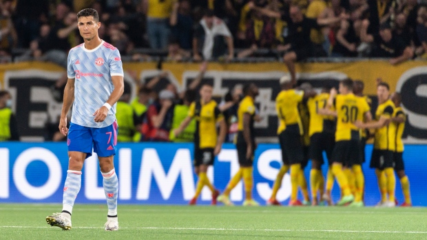 Manchester United's Cristiano Ronaldo, left, looks dejected after Young Boys score