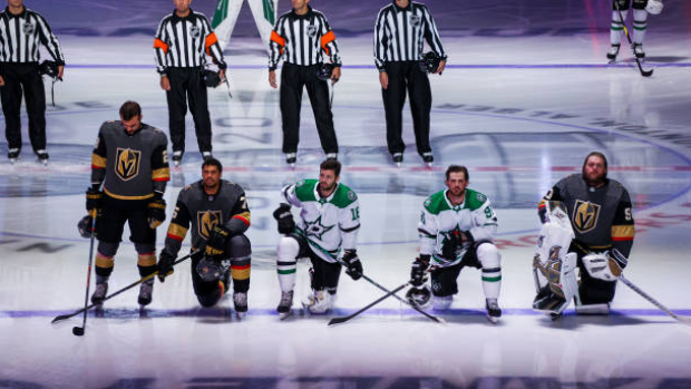 Ryan Reaves, Jason Dickinson, Tyler Seguin and Robin Lehner take a knee during anthem, Getty Images Ryan Reaves, Jason Dickinson, Tyler Seguin and Robin Lehner take a knee during anthem