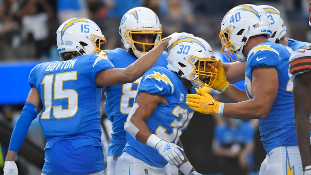 Los Angeles Chargers celebrate, The Canadian Press Los Angeles Chargers celebrate