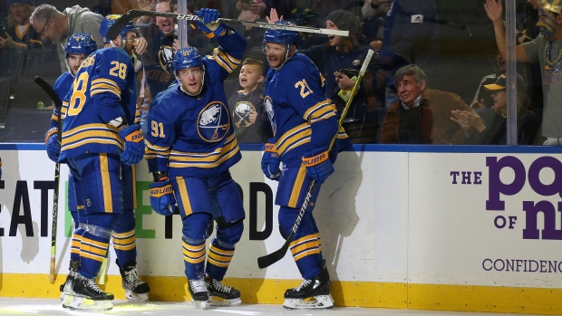 Drake Caggiula Zemgus Girgensons Kyle Okposo, The Canadian Press Drake Caggiula Zemgus Girgensons Kyle Okposo