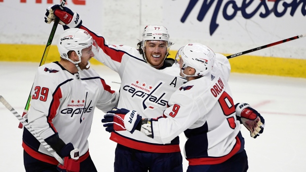 T.J. Oshie celebrates with teammates 