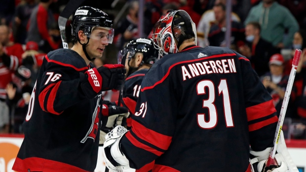 Brady Skjei and Frederik Andersen celebrate Brady Skjei and Frederik Andersen celebrate