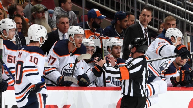 Connor McDavid speaks at referee, Getty Images Connor McDavid speaks at referee