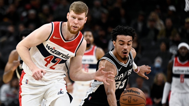 San Antonio Spurs' Tre Jones and Washington Wizards' Davis Bertans