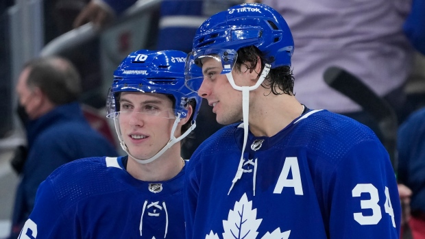 Mitch Marner and Auston Matthews of the Toronto Maple Leafs arrive