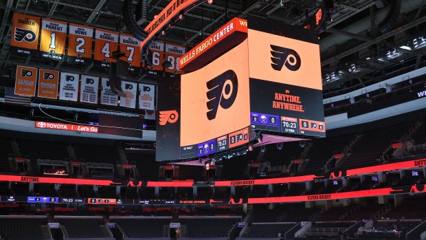 Flyers Wells Fargo Center scoreboard, Len Redkoles/NHLI via Getty Images Flyers Wells Fargo Center scoreboard