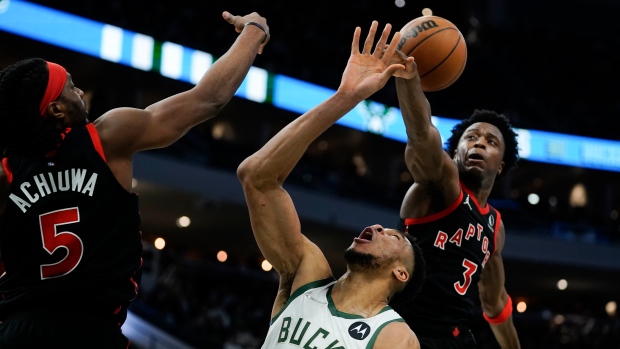 Giannis Antetokounmpo, Precious Achiuwa and OG Anunoby 