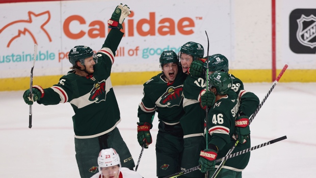 Minnesota Wild celebrate Matt Boldy hat trick