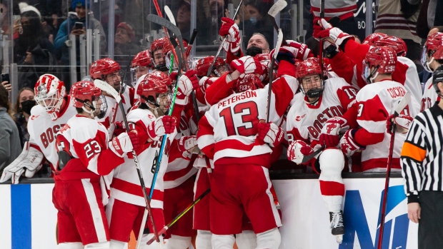 Dylan Peterson Boston University Terriers celebrate, Rich Gagnon/Getty Images Dylan Peterson Boston University Terriers celebrate