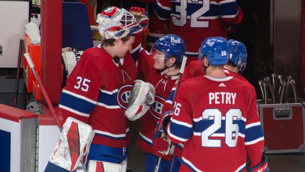 Sam Montembeault, Canadiens celebrate