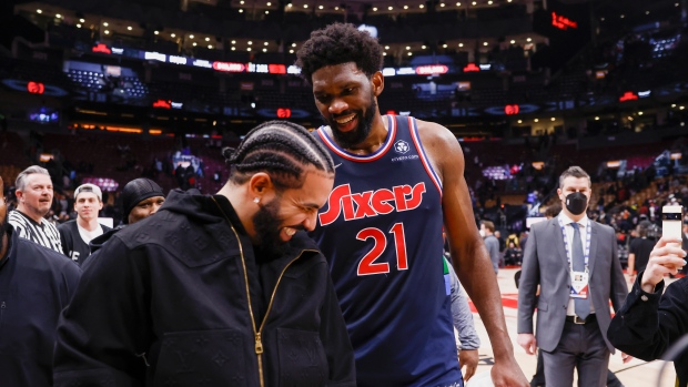 Joel Embiid, Drake, Vaughn Ridley/NBAE via Getty Images Joel Embiid, Drake