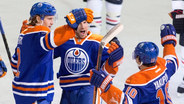 Derek Roy, Oilers celebrate, The Canadian Press Derek Roy, Oilers celebrate
