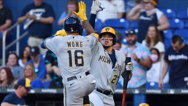 Milwaukee Brewers' Kolten Wong and Willy Adames