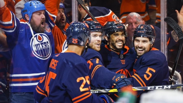 McDavid, Oilers celebrate, The Canadian Press McDavid, Oilers celebrate