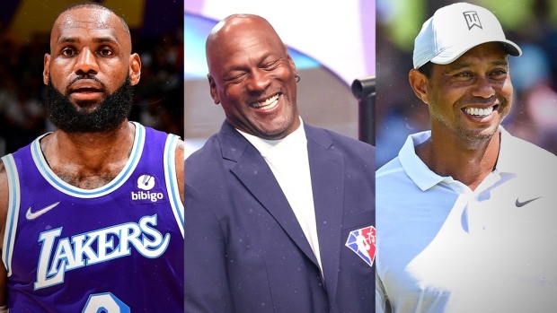 Left to Right: LeBron James, Michael Jordan, Tiger Woods Left to Right: LeBron James, Michael Jordan, Tiger Woods