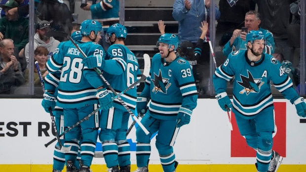 San Jose Sharks celebrate, The Canadian Press San Jose Sharks celebrate
