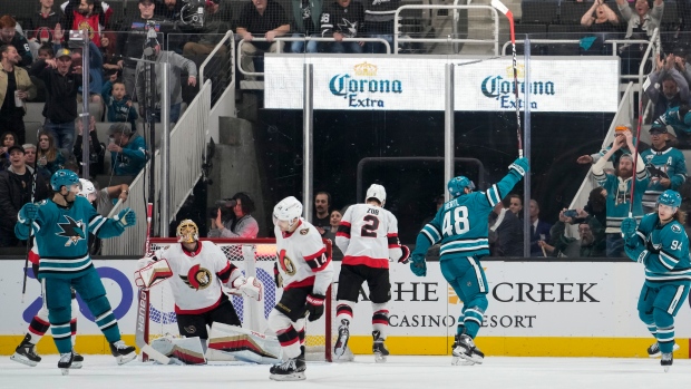 San Jose Sharks celebrate, The Canadian Press San Jose Sharks celebrate