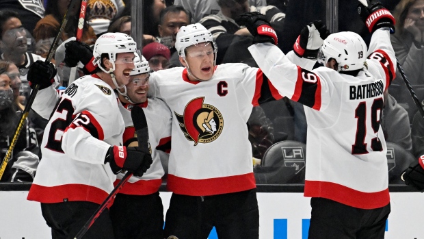 Brady Tkachuk, Senators celebrate, The Canadian Press Brady Tkachuk, Senators celebrate