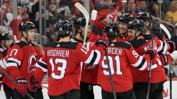 New Jersey Devils celebrate, The Canadian Press New Jersey Devils celebrate