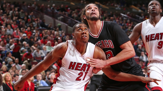 Hassan Whiteside, Joakim Noah and Luol Deng