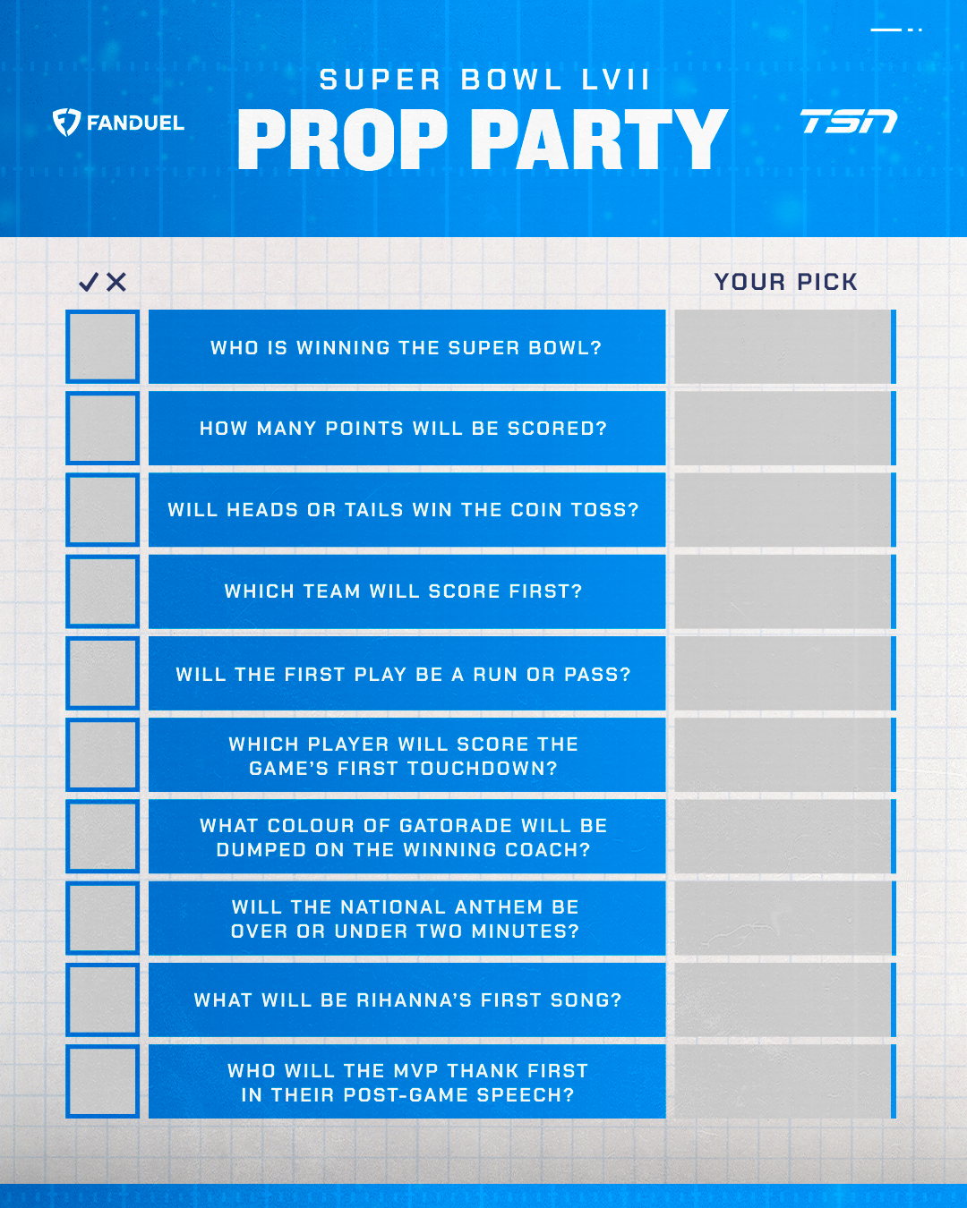 Super Bowl LVII Prop Party Sheet 