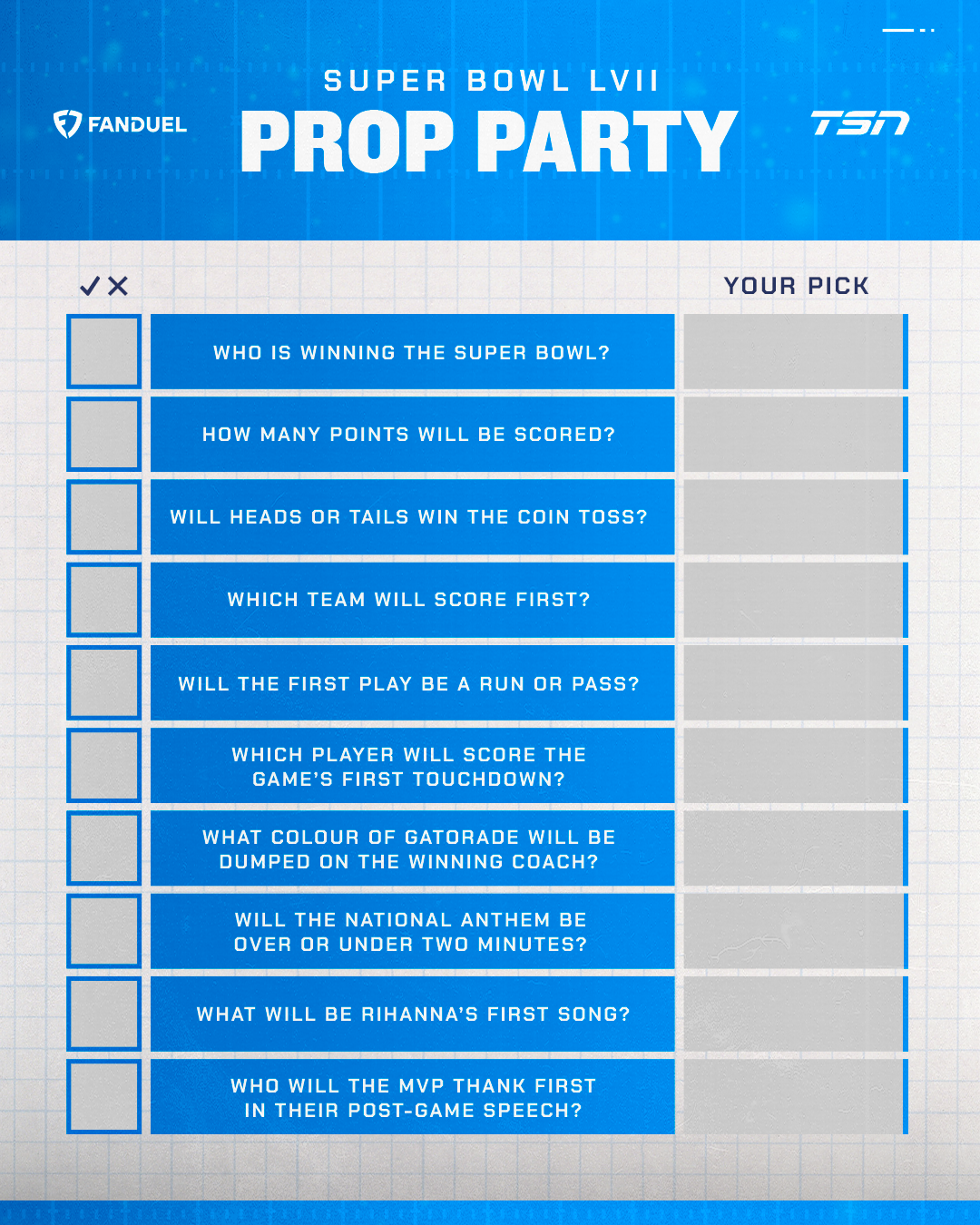 Super Bowl LVII Prop Party Sheet TSN.ca