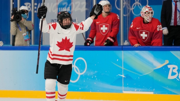 Canada's Erin Ambrose celebrates after scoring a goal against Switzerland