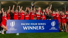 Canada's womens rugby team holds the Pacific Four Series Cup