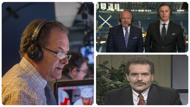 A montage of photos of Pierre Houde calling games on RDS
