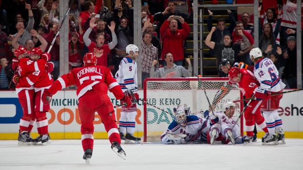 Detroit Red Wings celebrate, Dave Reginek/National Hockey League/Getty Images Detroit Red Wings celebrate