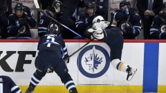 St. Louis Blues' Nathan Walker and Winnipeg Jets' Luke Schenn