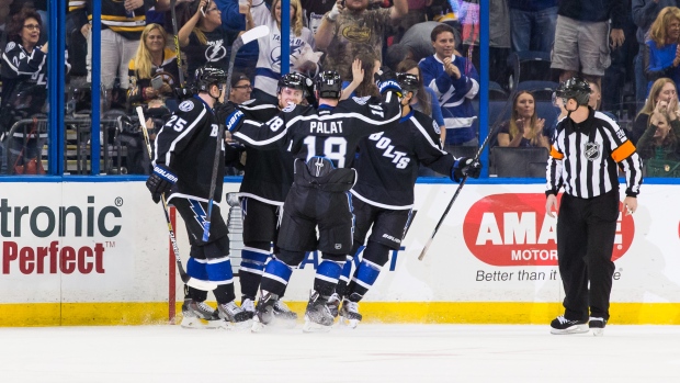 Lightning celebrate, Scott Audette/National Hockey League/Getty Images Lightning celebrate