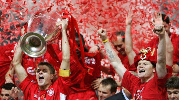 Steven Gerrard, Liverpool celebrate the 2004 Champions League title