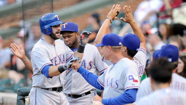 Mitch Moreland, Rangers celebrate, Greg Fiume/Getty Images Mitch Moreland, Rangers celebrate