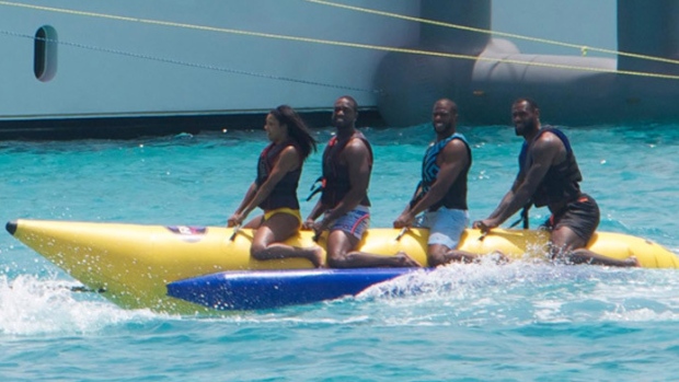 Union, Wade, Paul, LeBron on banana boat Union, Wade, Paul, LeBron on banana boat