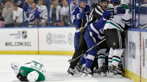 Stars, Lightning players battle after Nesterov hit, The Canadian Press Stars, Lightning players battle after Nesterov hit