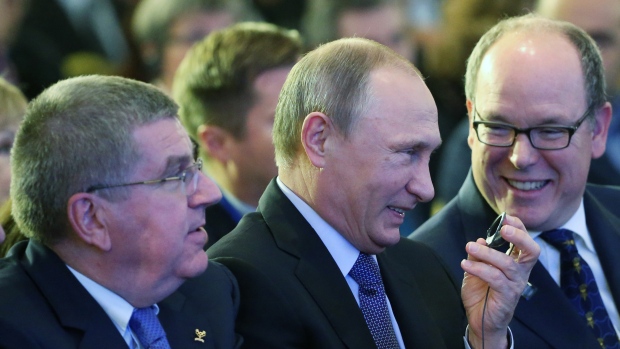 Thomas Bach, Vladimir Putin and Prince Albert II of Monaco