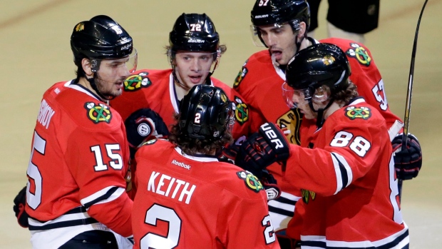 Chicago Blackhawks celebrate, The Canadian Press Chicago Blackhawks celebrate