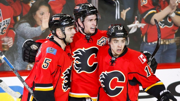 Giordano, Monahan and Gaudreau celebrate