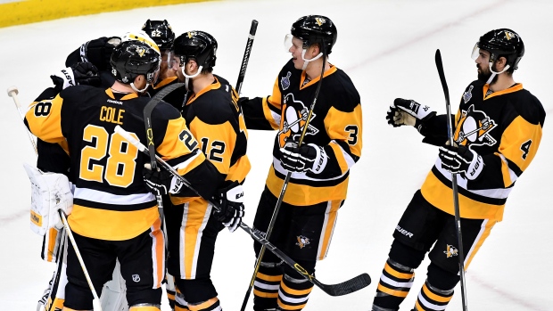Pittsburgh Penguins celebrate Game 1 victory, Jamie Sabau/Getty Images Pittsburgh Penguins celebrate Game 1 victory