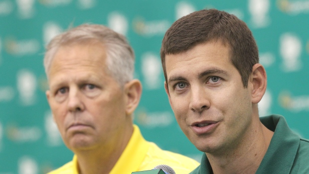 Danny Ainge and Brad Stevens, Boston Globe/Boston Globe/Getty Images Danny Ainge and Brad Stevens
