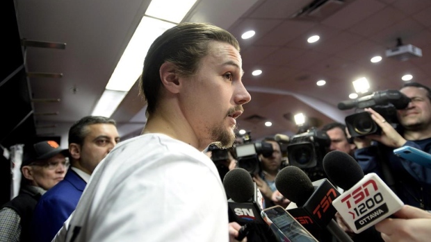 Erik Karlsson at media scrum, The Canadian Press Erik Karlsson at media scrum