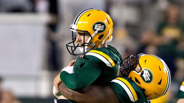 Edmonton Eskimos' Sean Whyte and Tony Washington 