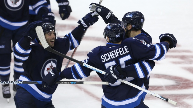 Mark Scheifele Mathieu Perreault and Blake Wheeler Mark Scheifele Mathieu Perreault and Blake Wheeler