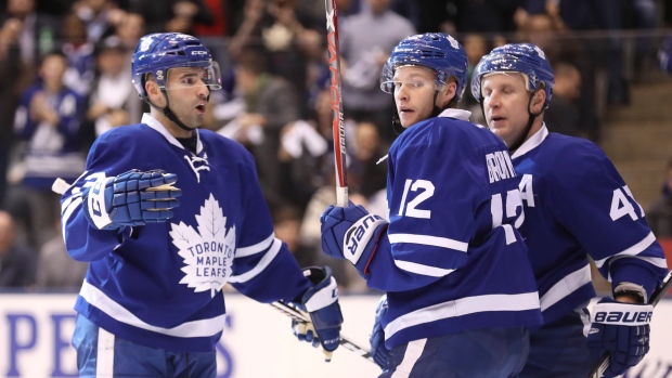 Connor Brown, Nazem Kadri and Leo Komarov celebrate, Richard Lautens/Toronto Star/Getty Images Connor Brown, Nazem Kadri and Leo Komarov celebrate