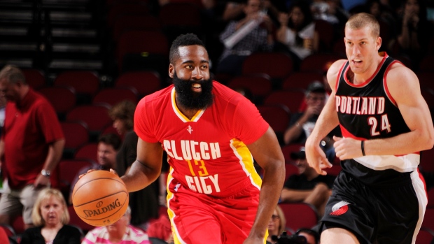 The jersey of James Harden of the Houston Rockets hangs in the locker  News Photo - Getty Images