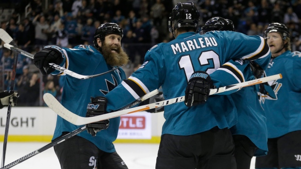 Thornton, Sharks celebrate, The Canadian Press Thornton, Sharks celebrate